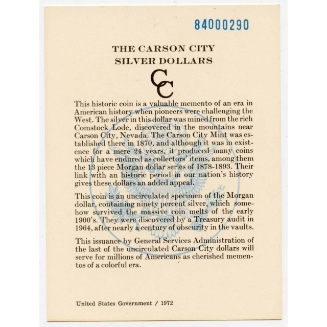1884-CC Original Morgan Dollar GSA HOARD Card Low Digit 80000290
