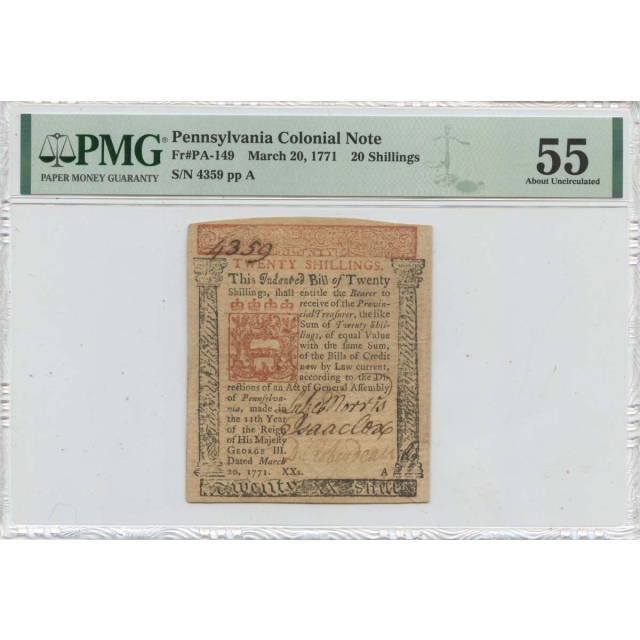 March 20 20 Shillings Pennsylvania Colonial Note 1771 PA-149 PMG AU55
