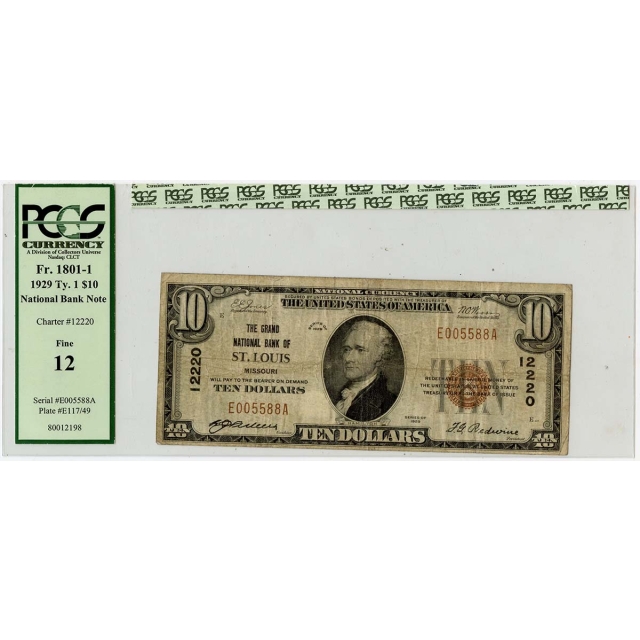 1929 Ty.1 $10 ST.Louis Missouri PCGS F12 Ch#12220