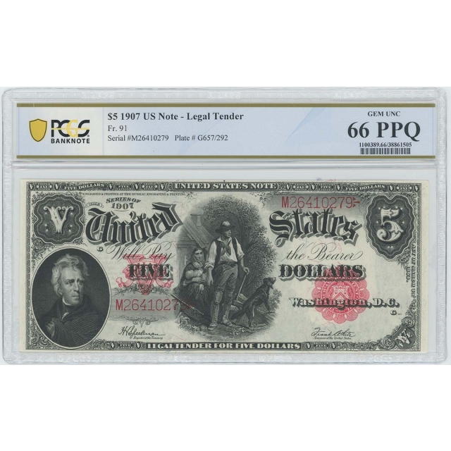 1907 $5 Legal Tender FR#91 PCGS Banknote Gem 66 PPQ