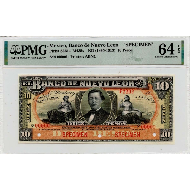 (1895-1913) 10 Pesos Mexico Banco de Nuevo Leon M435s Specimen PMG CH64 EPQ
