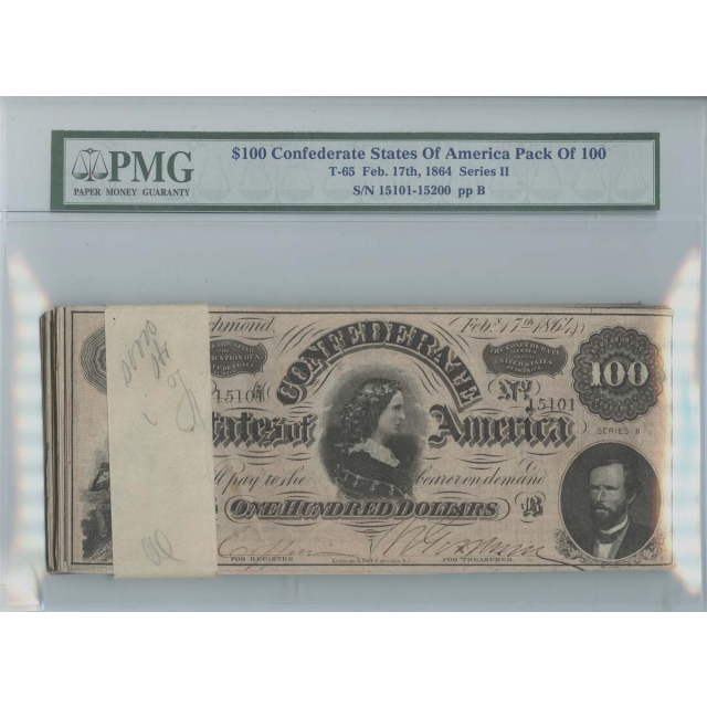 1864 $100 Confederate Pack 100 T-65 PMG CSA