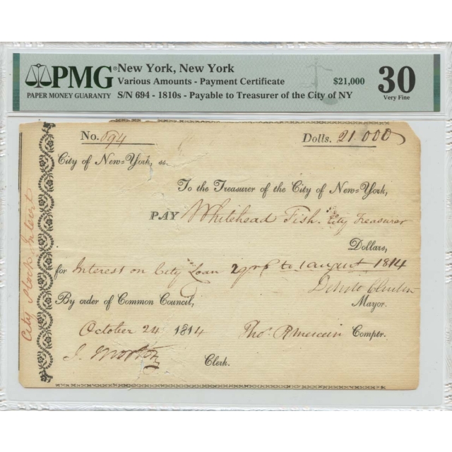 1810s New York Payment Office $631.91 PMG CH VF35