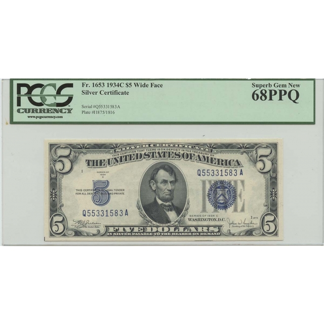 1934C $5 Silver Cert FR#1653 PCGS 68 Superb Gem PPQ Wide Face