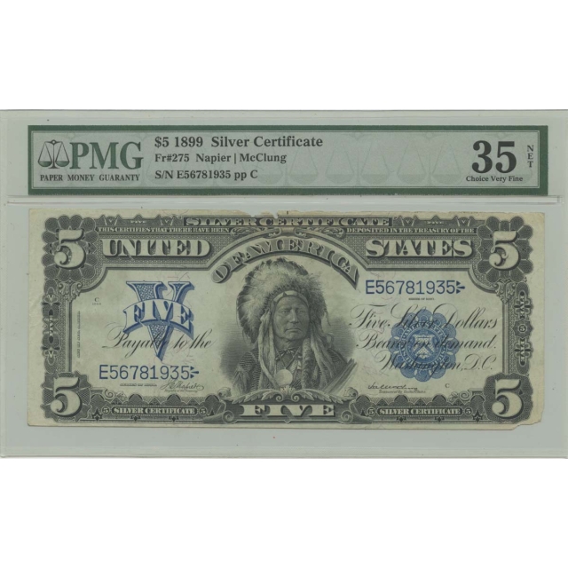 1899 $5 Silver Certificate Blue Napier McClung Fr# 275 PMG 35 NET