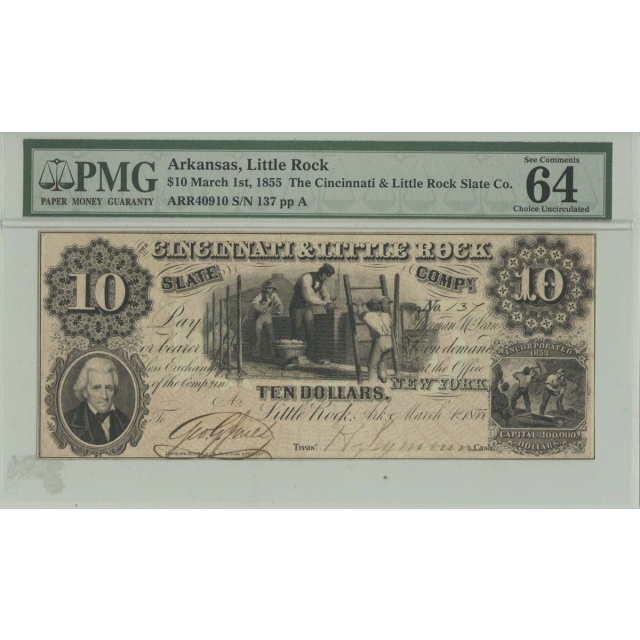 1855 $10 Arkansas Little Rock PMG MS64 CH UNC Obsolete Note