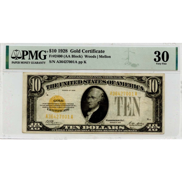 1928 $10 Gold Certificate Fr# 2400 PMG VF30