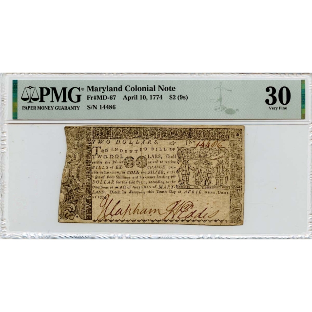 April 10 $2 (9s) Maryland Colonial Note 1774 MD-67 PMG VF30