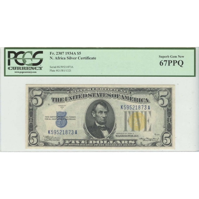 1934A $5 N. Africa PCGS 67 Superb GEM FR#2307 KA Block