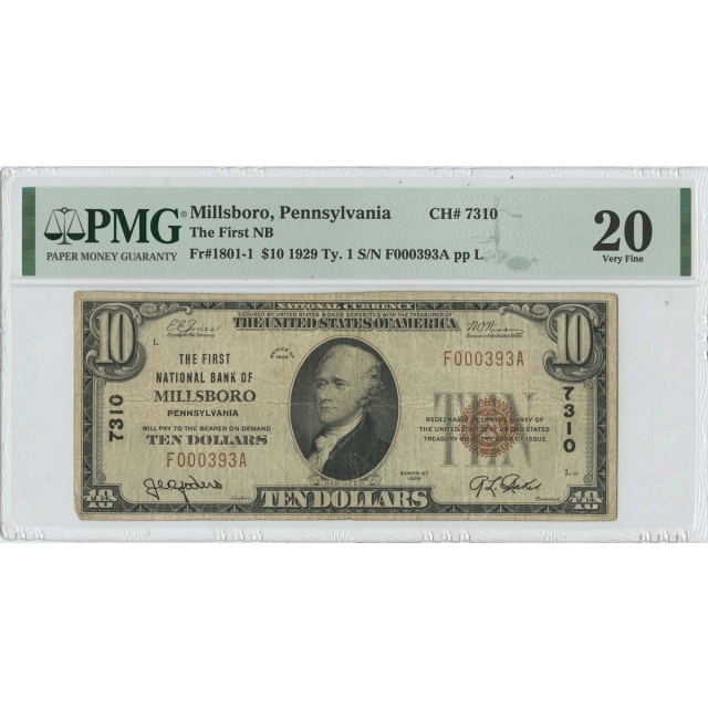 1929 $10 TY1 First NB of Millsboro PA CH# 7310 PMG 20 VF