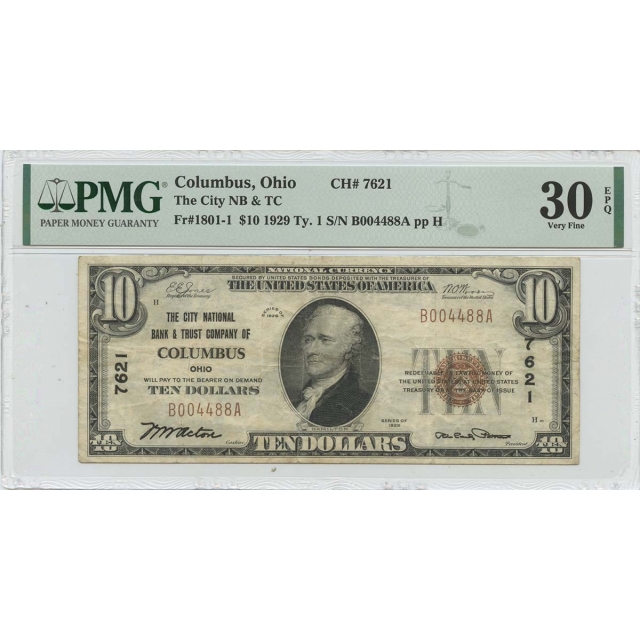 1929 Ty. 1 $10 Columbus Ohio NB CH#7621 PMG VF30 EPQ