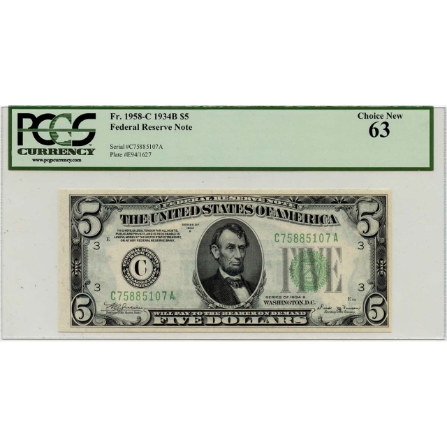 1934B $5 Federal Reserve Note CN63 FR#1958C
