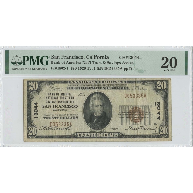 1929 $20 TY1 Nat'l Trust & Savings Assoc  San Francisco CA CH#13044 PMG 20 VF