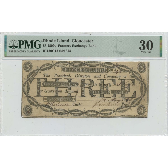 1840 $3 Rhode Island Gloucester Obsolete Currency PMG VF30 RI120G12
