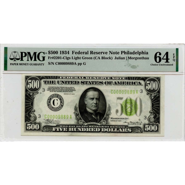 1934 $500 Federal Reserve Philadelphia Fr# 2201-Clgs PMG CH64 EPQ Light Green Seal