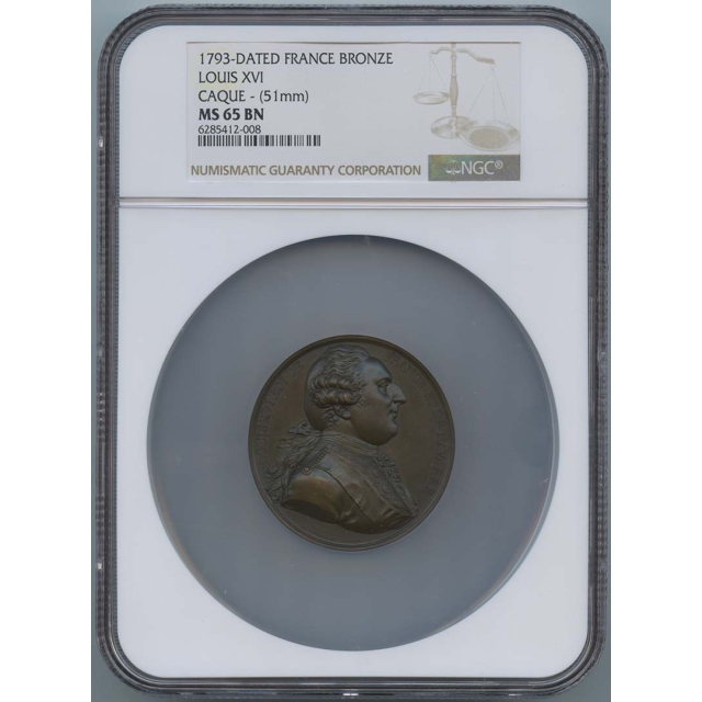 1793 Dated France Louis XVI Bronze Medal NGC MS65 Caque 51mm