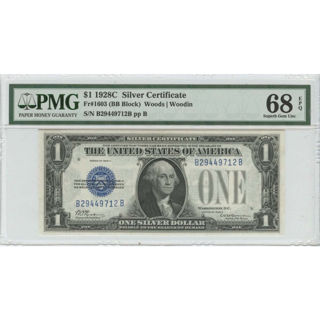 1928-C $1 Siver Certificate FR 1603 PMG Superb Gem 68 EPQ BB Block