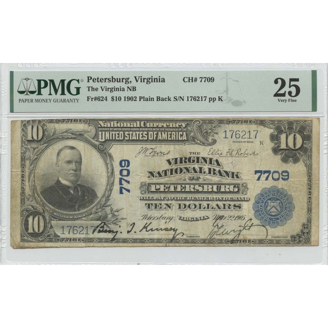 1902 $10 Virginia, Petersburg NB CH#7709 PMG VF25 Plain back