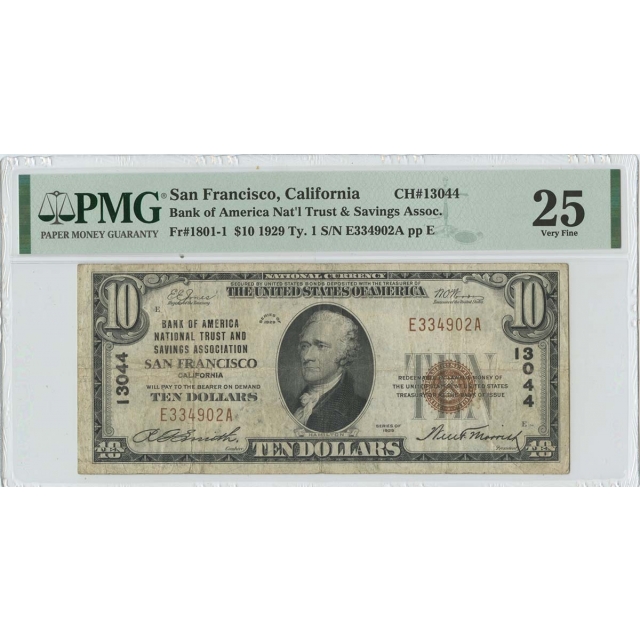1929 $10 Bank of America Nat'l San Fran CA CH# 13044 PMG VF25