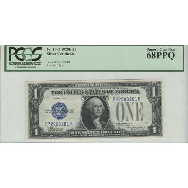 1928-E $1 Silver Certificate FR 1605 PCGS Superb Gem 68 PPQ