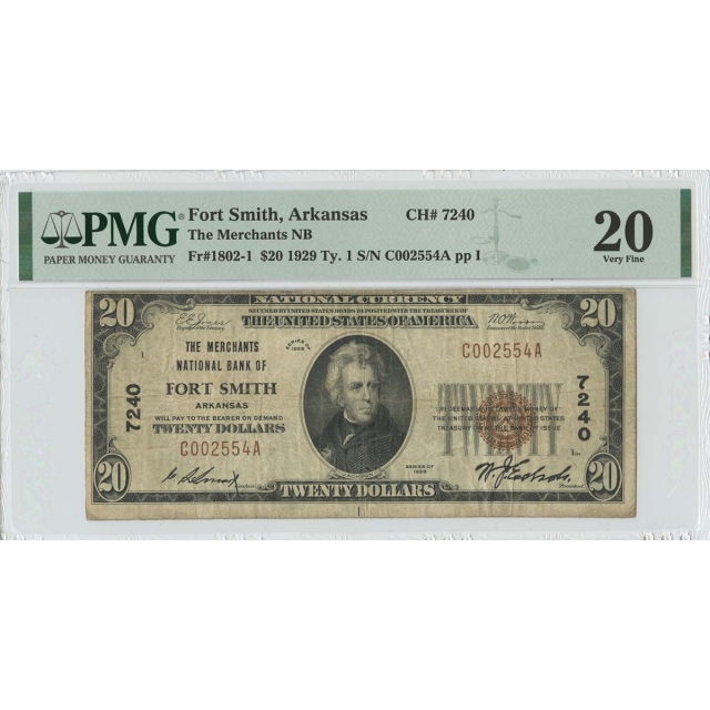 1929  TY1 $20 Merchants NB Fort Smith Arkansas CH#7240 PMG VF20