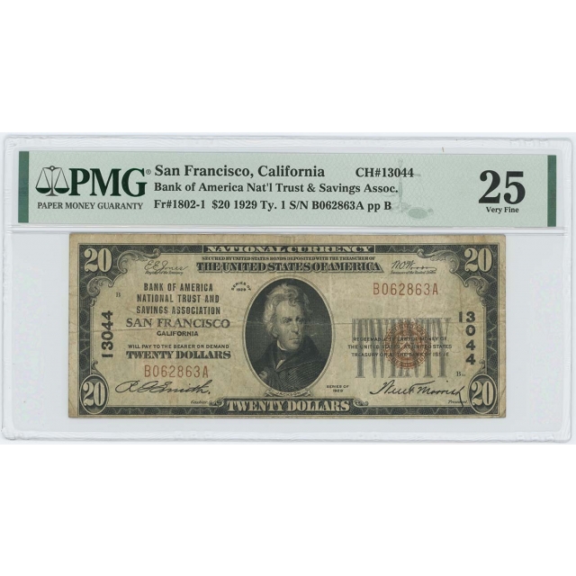 1929 TY1 $20 Bank America San Francisco California CH#13044 PMG VF 25