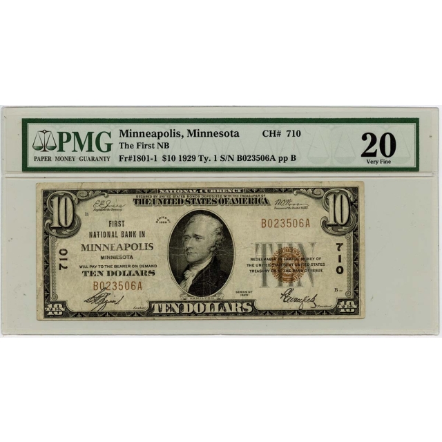 1929 $10 Ty.1 Minneapolis Minnesota National PMG VF20 FR#1801-1 Ch#710