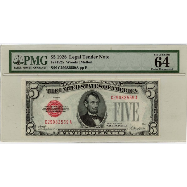 1928 $5 Legal Tender Note Fr#1525 PMG CU64