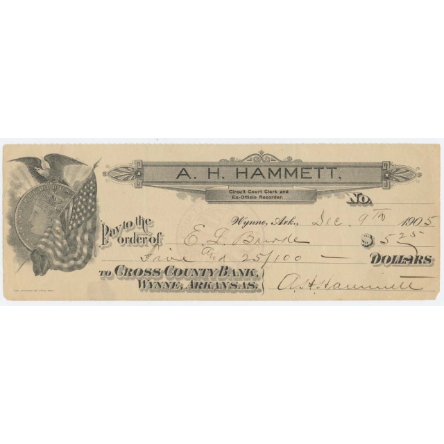 1905 A.H. Hammett $5.25 Check Circuit Court Clerk Wynne Arkansas Morgan Vingette