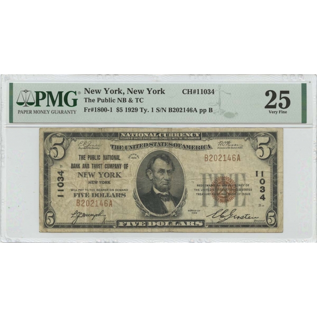 1929 Ty. 1 $5 Public NB & TC NY NY CH#11034 PMG VF25
