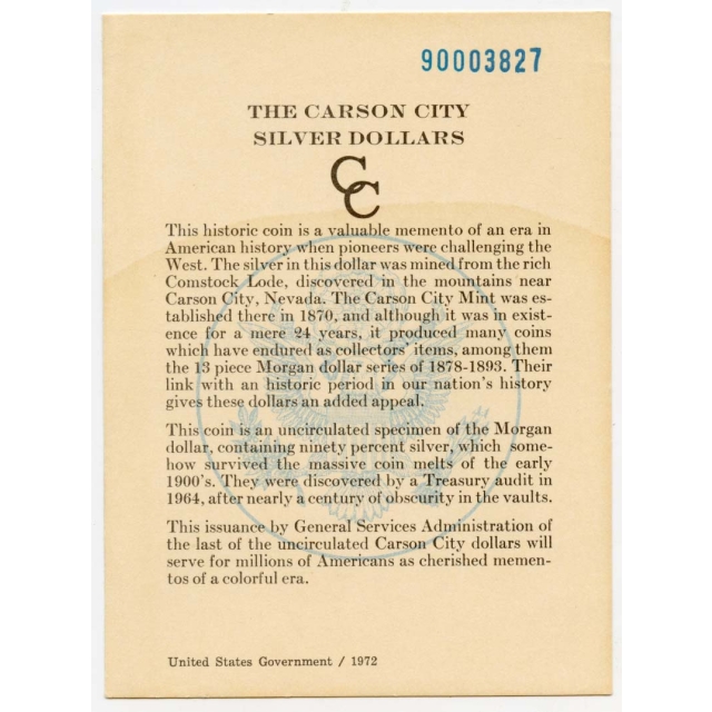 1890-CC Original Morgan Dollar GSA HOARD Card Great Condition