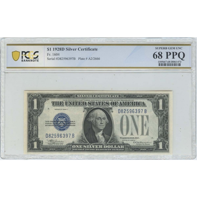1928D $1 Silver Cert FR#1604 PCGS BankNote 68 Superb Gem UNC PPQ