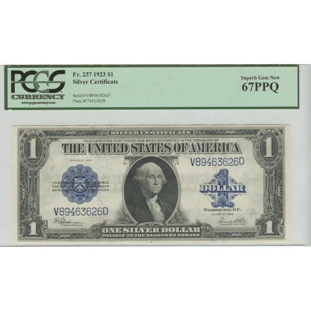 $1 1923 Silver Certificate FR# 237 PCGS Superb GEM MS67 PPQ