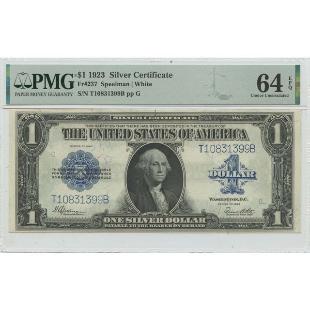 1923 $1 Silver Certificate Blue Speelman White Fr# 237 PMG CU64 EPQ